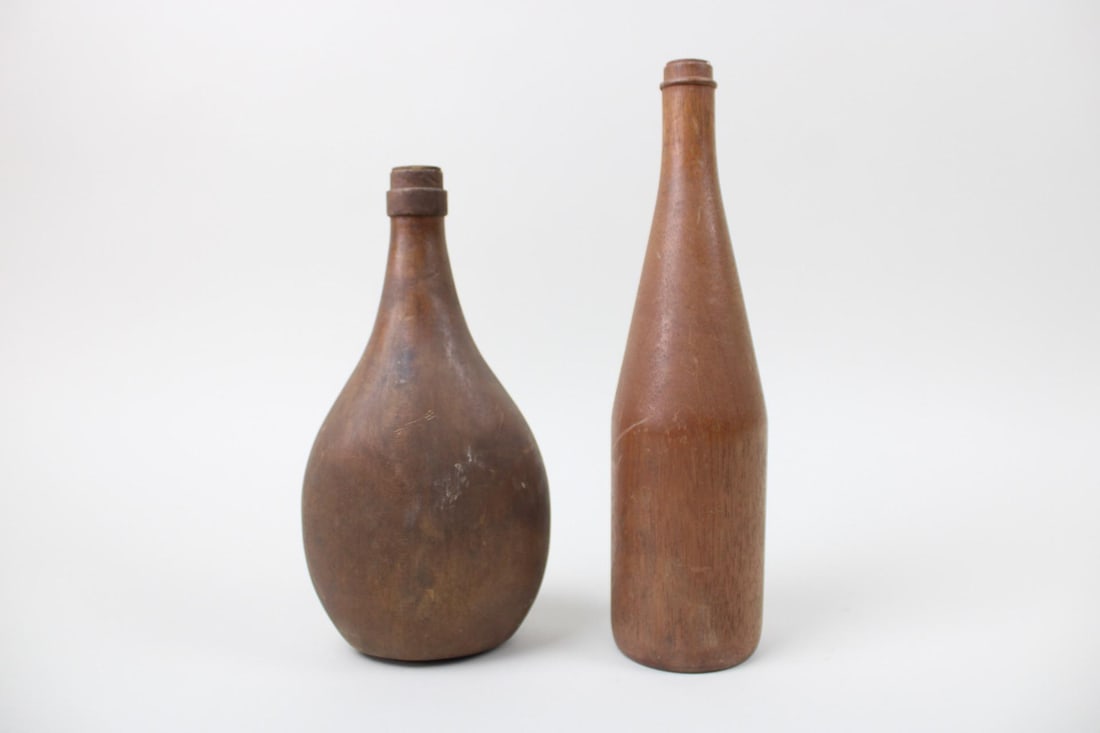 Pair of Carved Folk Art Wooden Bottles. (1 of 10)