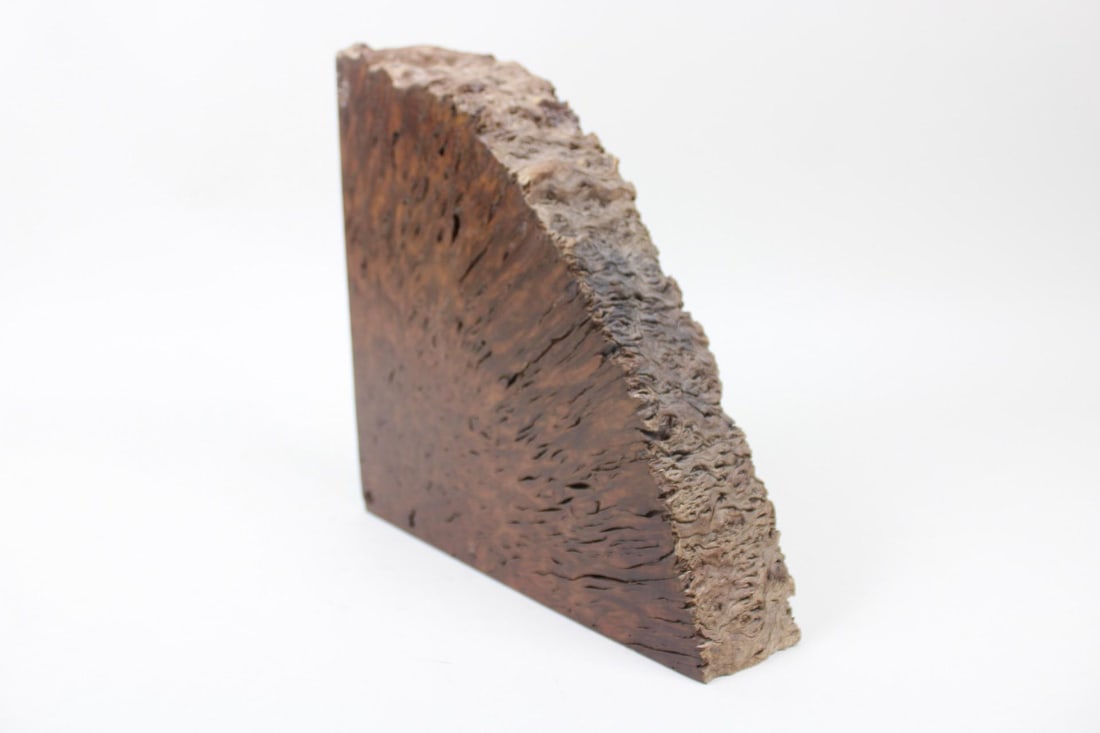Bookend Slice of Burled Wood: Bookend Slice of Burled Wood. This sturdy piece of wood has a raw crust of bark around the curved edge and visible burls throughout the faces, and can stand upright as a bookend or be laid flat as a t