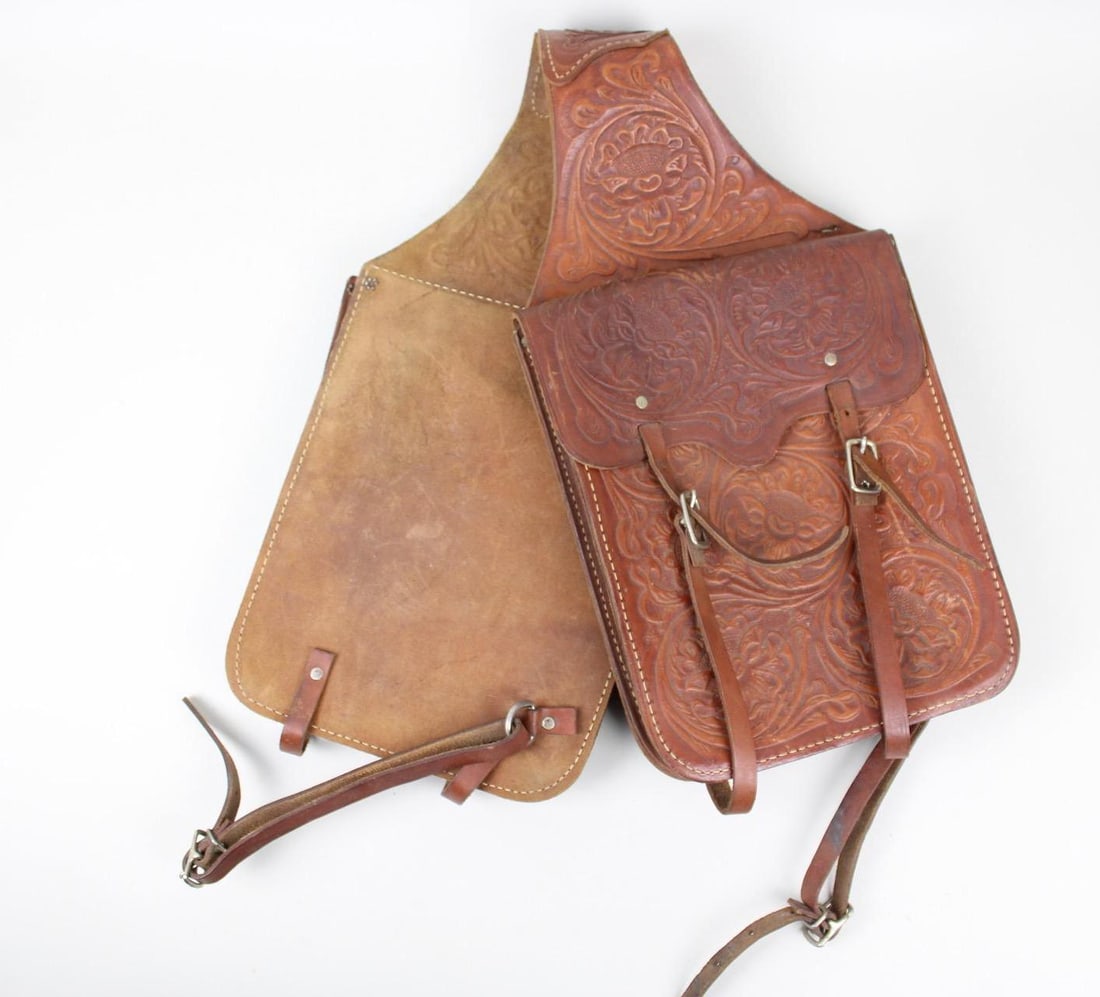 Ornately Tooled Leather Saddle Bags (1 of 9)