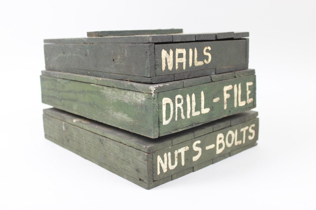 Set of 3 Primitive Industrial Green Wood Hardware Tool Boxes (1 of 5)
