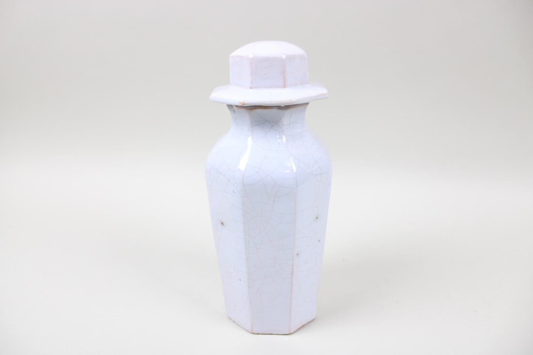 White Glazed Hexagonal Ceramic Lidded Jar (1 of 7)