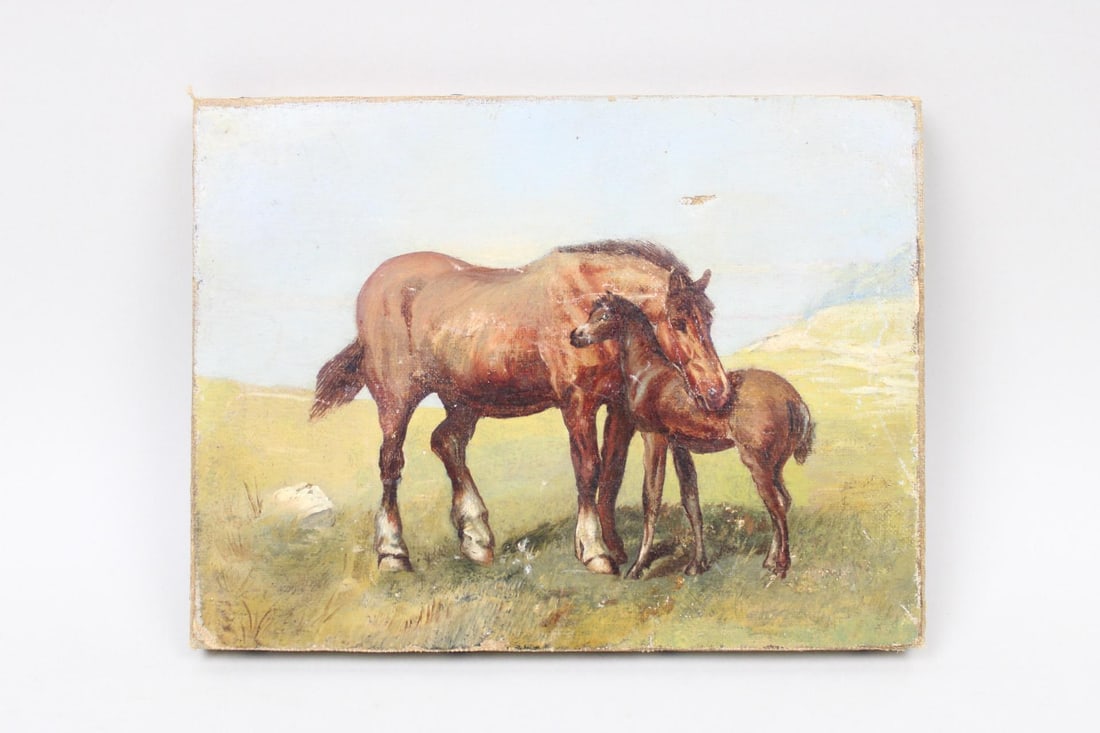 Small Mare & Foal Horse Equine Painting: Small Horse & Foal Equine Painting. Lovely small painting on canvas depicting a mare with her foal in a green pasture. Dimensions are 6 in h x 8 in w x .5 in d. Condition is good with surface wear and