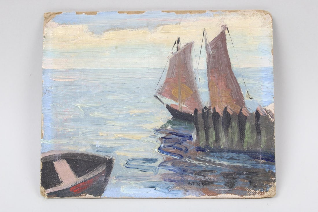 miniature Painting of Boats in Harbor, c. 1942, Street Art Exhibit Greenwich Village: Tiny Unframed Painting of Boats on Water, c. 1942. Dated during World War II, this impressionist view of the open water shows sails and possibly a marina dock, a rowboat in bottom-left. A signature is