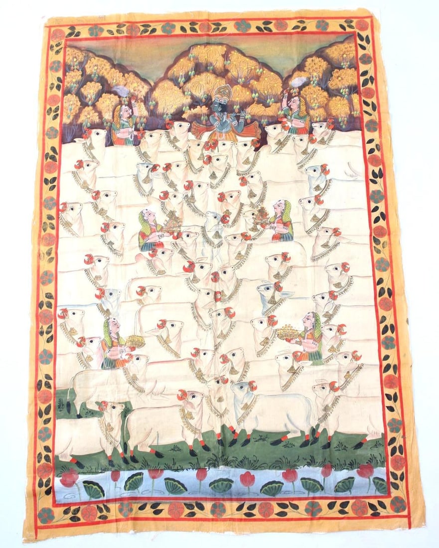 Large Indian Pichwai Fabric Painting, Krishna & Cows (1 of 10)