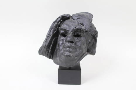 Signed Auguste Rodin Head Sculpture, Head of Balzac: Signed Auguste Rodin Sculpture, Head of Balzac. Floating balanced above a minimalist black cube pedestal, this small rough portrait after a work by August Rodin depicts the writer Honore de Balzac. We