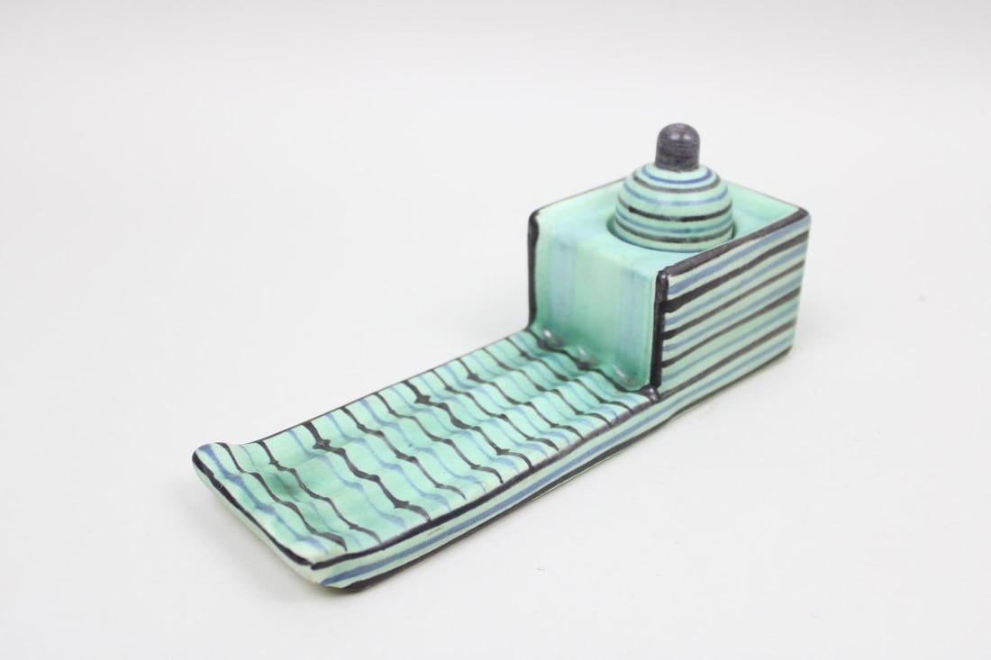 Mid Century Modern Striped Ceramic Desk Inkwell, HB (1 of 9)