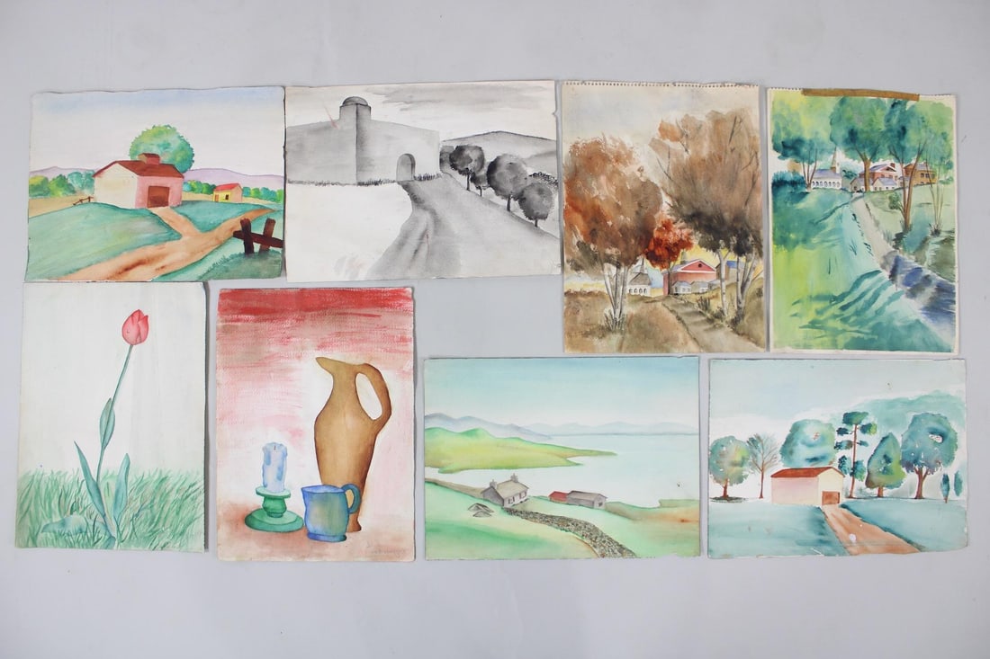 Lot of 8 Naive Watercolor Paintings, John E. Laudenberger (1 of 12)