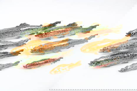 Lot of 7 Hand Carved & Painted Wooden Fish Decoys Lures, Folk Art: Lot of 7 Hand Carved & Painted Wooden Spearing Fish Decoys, Spear Lures. These folk art fish are colorfully painted with eyes and have wooden fins and tails attached. All stand up on their fins. Dimen