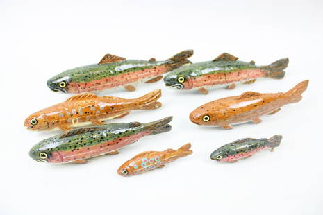 Lot of 7 Hand Carved & Painted Wooden Fish Decoys Lures, Folk Art: Lot of 7 Hand Carved & Painted Wooden Spearing Fish Decoys, Spear Lures. These folk art fish are colorfully painted with eyes and have wooden fins and tails attached. All stand up on their fins. Dimen