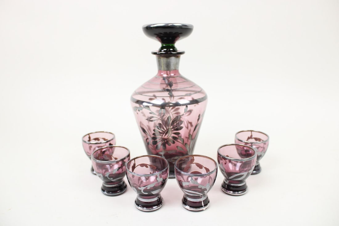 Mid-Century Modern Amethyst Silver Overlay Decanter & 6 Glasses (1 of 13)