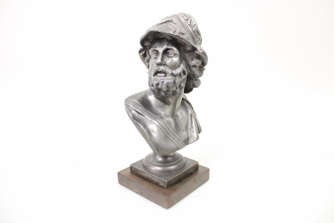 Silvered Bronze Bust of Ajax, Dated 1877 Paris: Small Metal Bust of Greek Ajax, marked 1877 Paris. After Gian Lorenzo Bernini this sculptural rendering of Ajax is sometimes identified as Menelaus, and includes detailed curled hair and an ornate war