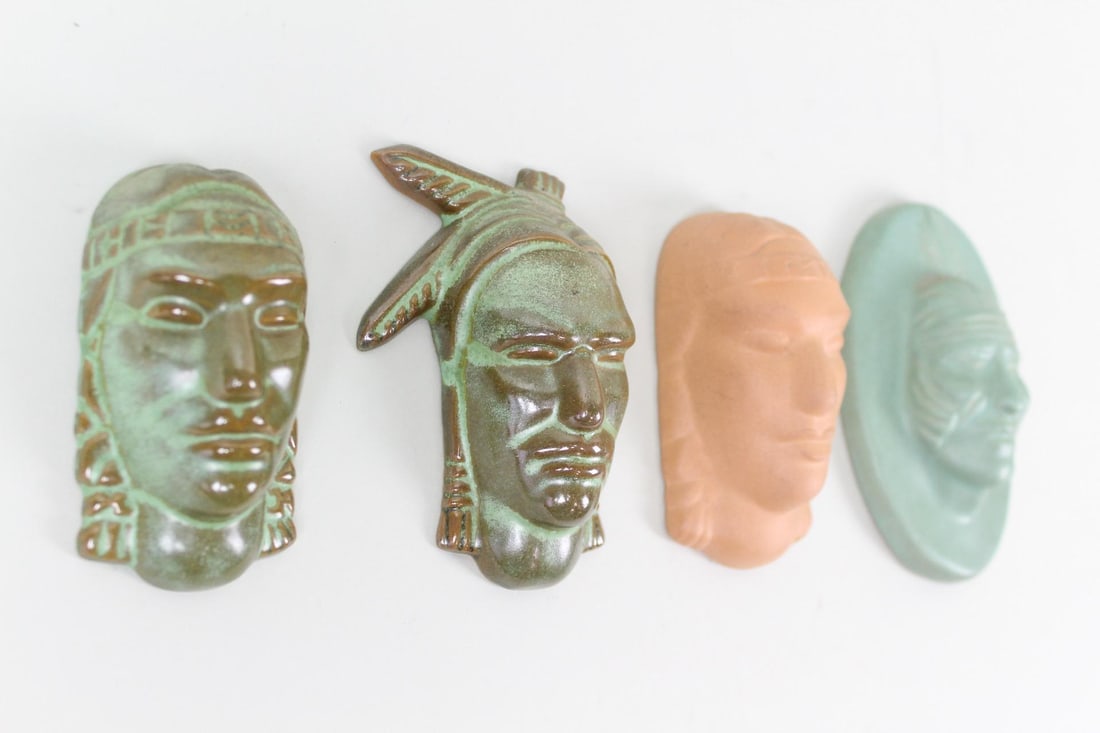 Lot of 4 Wall Hanging Pottery Head Sculptures, Native American Indian Faces, Frankoma & Van Briggle (1 of 9)