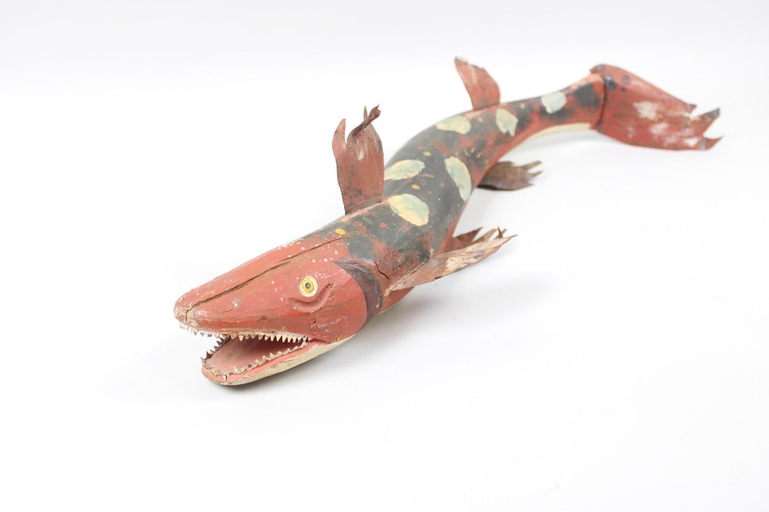 Folk Art Painted Barracuda Fish Decoy, Lure Sculpture: { curator's cut } Nameless Art + Design Show x Public Sale Folk Art Wood & Metal Barracuda Fish Decoy, Lure Sculpture. In the style of a barracuda with teeth, this wooden fish decoy is painted red, wh