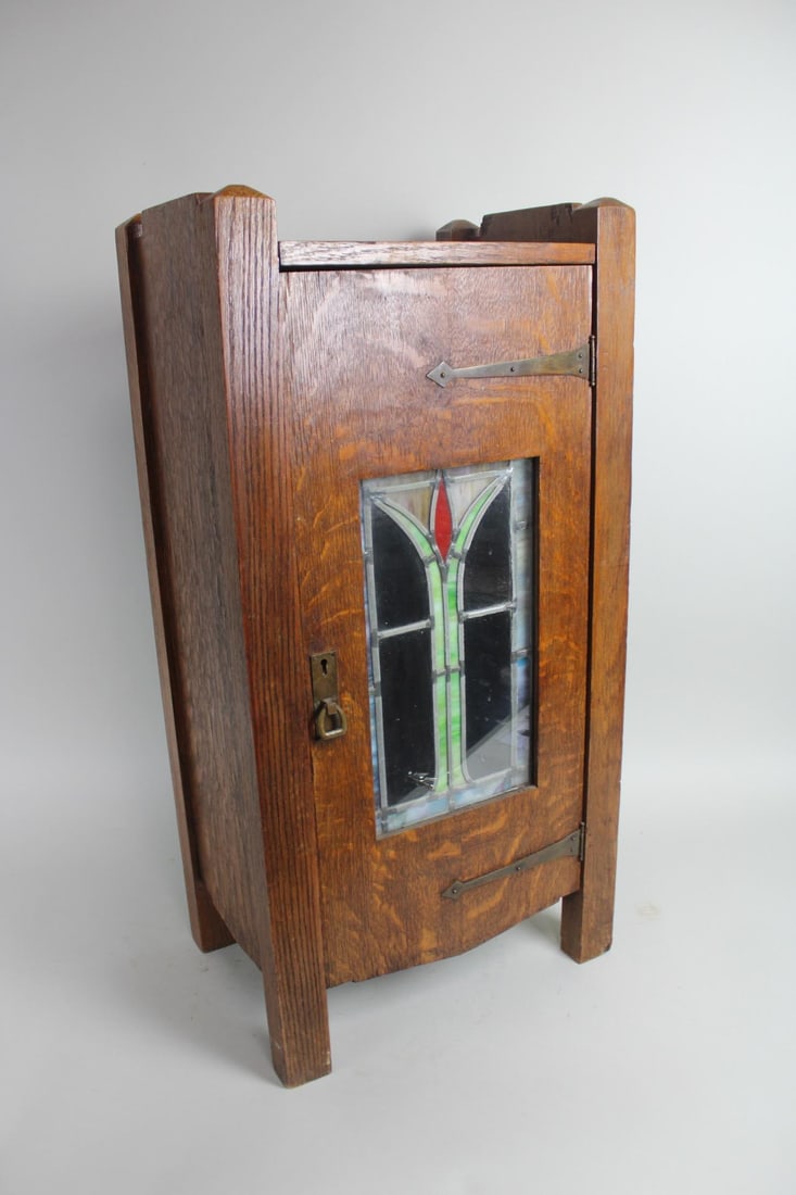 Arts & Crafts Stained Glass Wooden Smoking Stand Cabinet (1 of 19)