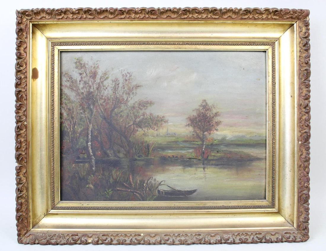 19th C. Autumn Landscape Painting in Gilt Frame, Waterfront with Rowboat (1 of 11)