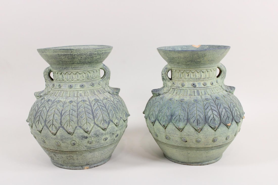 Pair of Terra Cotta Garden Urn Planters, Verdigris Finish (1 of 13)