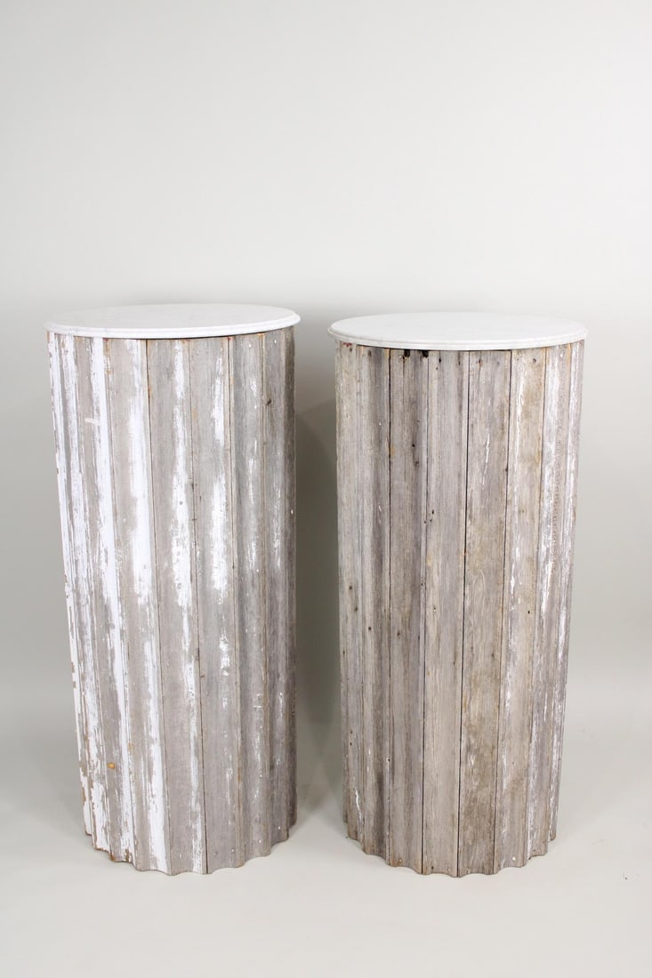 Pair of Tall Architectural Wooden Column Pedestals with Marble Tops (1 of 9)
