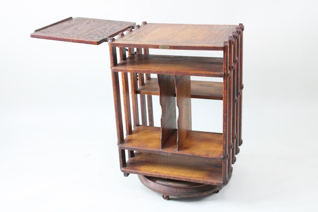 Oak Revolving Bookcase with Foldout Table by Sargent, Pat. Dated 1883 (1 of 14)