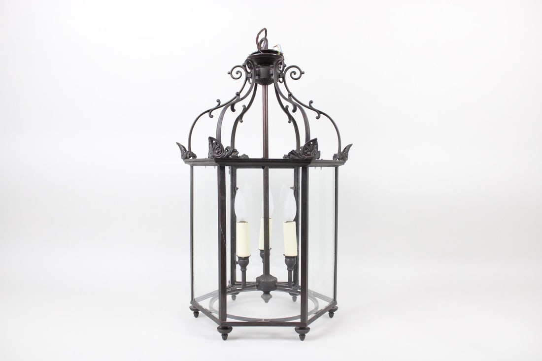 Bronze Regency Style Hexagonal Hanging Hall Lantern Light (1 of 10)