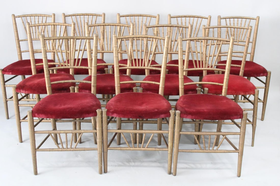Set of 12 Faux Bamboo Red Velvet Ballroom Chairs (1 of 16)