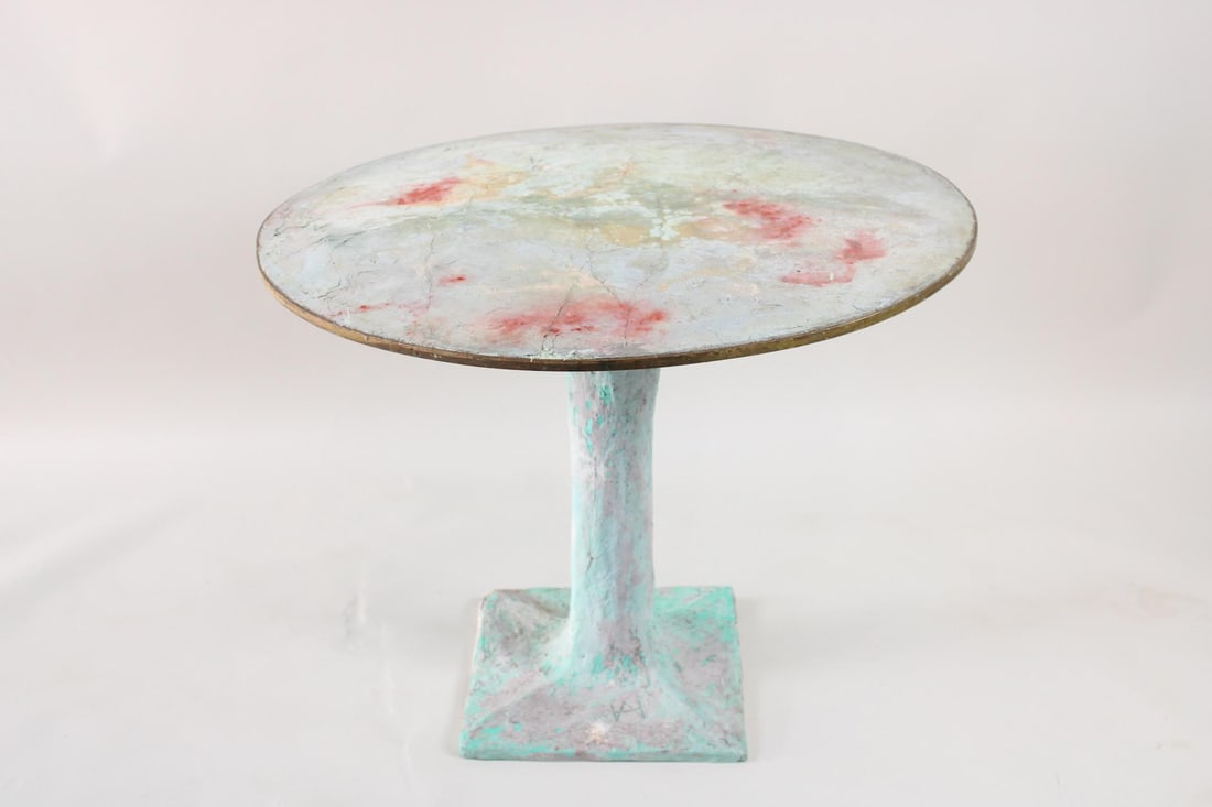Abstract Cement & Fiberglass Sculpture Table, Artist Signed: Abstract Cement & Fiberglass Bistro Table, Artist Signed. This two-piece table has a turquoise blue painted base and ethereally painted round tabletop in multiple colors with golden edging. Marked wit