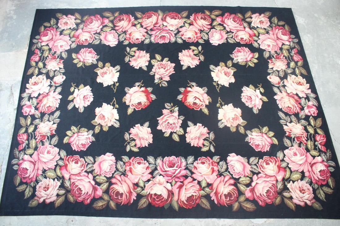 Large Black Needlepoint Rug with Pink Roses (1 of 10)