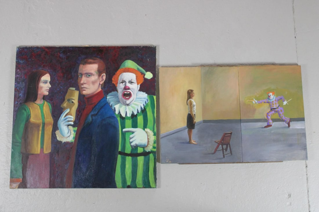 Pair of Clown Paintings on Canvas, John E. Laudenberger (1 of 14)