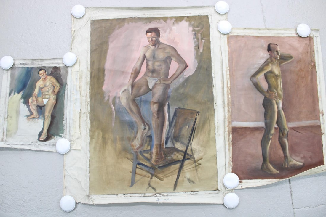 Lot of 3 Paintings of Nude Men, John E. Laudenberger: Lot of 3 Paintings of Nude Men, John E. Laudenberger. Three paintings of semi-nude men on canvas that has been removed from stretchers. Rolled in a tube, and unsigned and undated. Dimensions of the pa