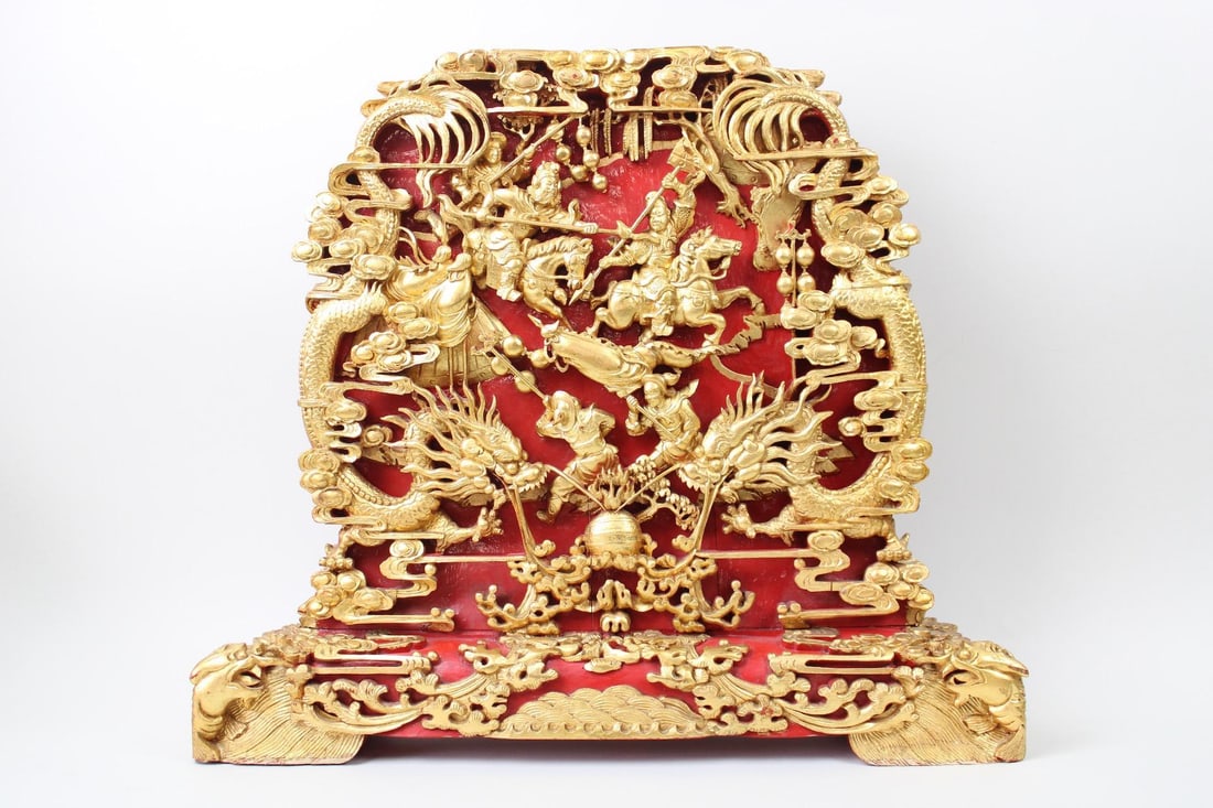 Carved Wooden Chinese Table Screen, Red & Gold (1 of 15)