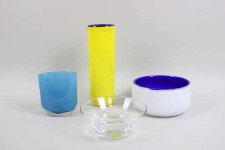 Lot of 4 Assorted Glass Minimalist Bowls, Vases, Henry Dean: Lot of 4 Assorted Glass Minimalist Bowls, Vases, Henry Dean. This lot includes a tall yellow glass cylinder vase; one shallow transparent glass dish; one narrow light blue vase; and one stout bowl wit