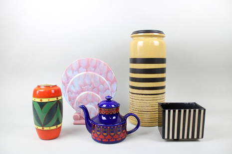 Lot of 5 Postmodern Glazed Ceramic Pottery Pieces, Vases & Teapot: Lot of 5 Assorted Glazed Pottery Pieces, Vases & Teapot. This lot includes a bright blue teapot by Arthur Wood for Stratford, made in England; a red and green vase marked "Celebrate" made in Czechoslo