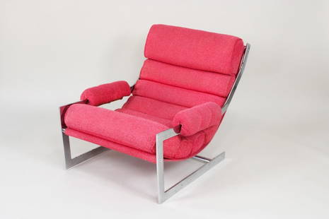 Mid Century Modern Flat Bar Chrome Cantilevered Sling Chair, Hot Pink: Mid Century Modern Flat Bar Chrome Cantilevered Sling Chair. This chair resembles the work of Milo Baughman, but we are unsure of the designer. It is marked with a tag from Charlton Company Inc". Slee