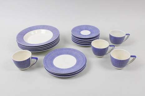 Set of 17 Mid-Century Modern Swid Powell Graph Blue Plates and Cups: Set of 17 Swid Powell Graph Blue Plates and Cups. This is a handsome set of plates and cups by Swid Powell. They have a minimalist blue graph that wraps its form. Each item is marked, "Swid Powell, Gr