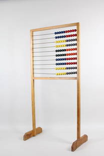 Standing Wood Abacus, Educational Math Display: Standing Wooden Abacus, Educational Math Display. This large abacus on a simple wooden frame with feet has 10 metal wire lines holding the multi-colored painted balls for calculating mathematical sums