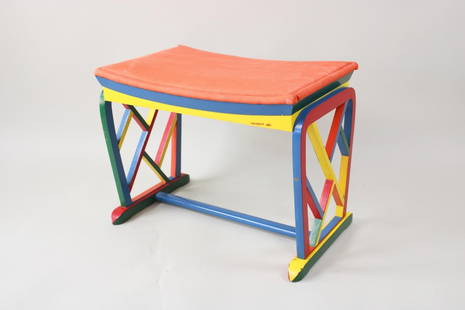 Postmodern Hand Painted Memphis Style Foot Stool, Van Balen 1983: Postmodern Hand Painted Foot Stool with Cushion, Signed Van Balen 1983. In the style of Pierre Sala, this ottoman seat has a thin orange cushion on top of the colorful wooden frame with fretwork and c