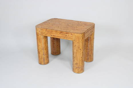 Mid Century Modern Split Reed Bamboo Side Table: Mid Century Modern Split Reed Bamboo Side Table. This side table has chunky tubular shaped legs, very heavy and solid construction. Dimensions are 22.25 in h x 20 in w x 28 in d. Condition is very goo