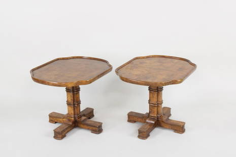 Pair of Burled Wood Side Tables, Heritage: Pair of Burled Wood Side Tables, Heritage. Cross-footed low tables with carved base rods and raised edge tabletop surfaces. Marked underneath as Heritage. Dimensions are 17.25 in h x 22.25 in w x 18.5