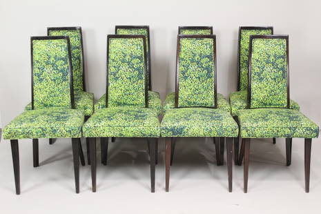 Set of 8 Mid-Century Modern Harvey Probber Dining Chairs: Set of 8 Mid-Century Modern Harvey Probber Dining Chairs. These armless side chairs have wooden frames with curved backs and splayed legs, upholstered with a fabric covered in a pattern of green folia