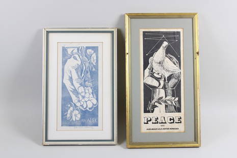 Pair of Signed Anton Refregier Framed Prints, 'For Alek' & Peace: Pair of Signed Anton Refregier Framed Prints, 'For Alek' & Peace. This lot includes 2 different linocut prints in matted frames, each signed: one of a hand and flower saying 'For Alek' signed by Lila