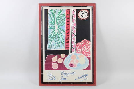 Matisse "Nice Travail et Joie" Framed Poster: Matisse "Nice Travail et Joie (Work & Joy)" Framed Poster. Signed in plate "Matisse 47" and in a wooden frame with faux bamboo border. Stamp from Albert's Studio Framing Albany on the back appears mid