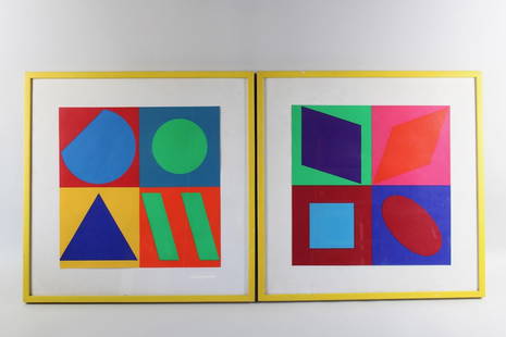 Pair of Victor Vasarely Abstract Geometric Prints, Framed: Pair of Victor Vasarely Abstract Geometric Prints, Framed. These 2 yellow square wooden frames each hold a different print by Victor Vasarely (Hungarian/French, 1906-1997) featuring contrasting color