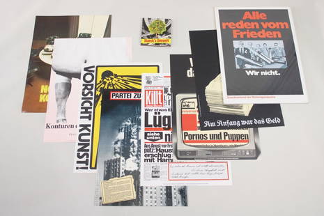 Collection of 8 Klaus Staeck German Propaganda Design Posters, 1973-1984: Lot of 8 Klaus Staeck German Propaganda Design Posters, 1973-1984. These German language posters feature minimalist pop art designs in satirical criticism towards art, religion, and politics. Marked w