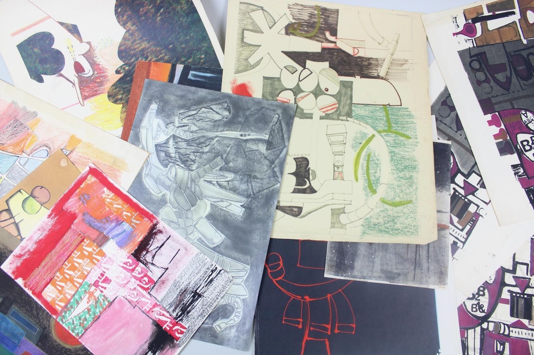Lot of 17 Modernist Works on Paper, Desmond McLean: Lot of 17 Modernist Works on Paper, Desmond McLean. Includes an assortment of color abstract works on paper in multiple mediums and techniques including screenprint, drawing, stamping, pastel, and col