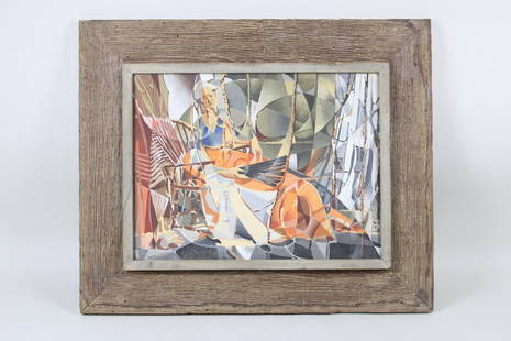 Nelson Sears Cubist Gouache Painting of a Woman, 1950: Nelson Sears Cubist Gouache Painting of a Woman, 1950. Detailed gouache and watercolor painting on paper, in a cubist style, of a woman sleeping in a chair. Signed and dated by the artist Nelson Sears