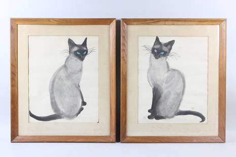 Pair of Kwo Da Wei Siamese Cat Lithographs, Zack & Zoe: Pair of Mid-Century Modern Kwo Da Wei Siamese Cat Prints, Zack & Zoe. Matching pair of lithographs by Dr. David Kwo Da Wei, a Chinese artist popular in U.S. in the 1950s-60s. Matted and in oak frames.