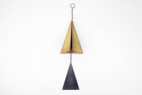 Mid Century Modern Pyramid Metal Wind Chime, Modernist: Mid Century Modern Pyramid Metal & Resin Wind Chime. Minimalist design with yellow painted metal body and brown plastic pendant. Dimensions are 18.25 in h x 5 in w x 5 in d. Condition is good with min