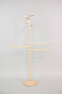 Mid-Century Modern Makio Hasuike Coat Towel Rack for Gedy: Mid-Century Modern Makio Hasuike Coat Towel Rack for Gedy. This tan colored Italian plastic standing rack has 3 long arm extensions and 4 shorter arms at top, on a round base. Marked on underside of b