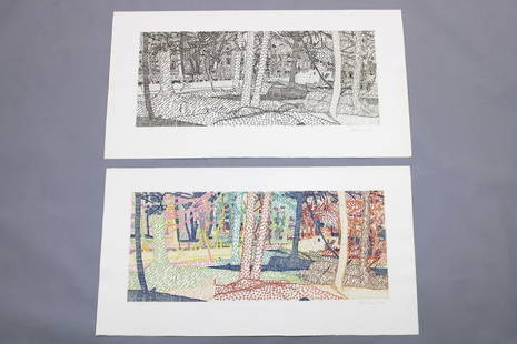 Lot of 2 Signed Alan Turner Etchings, 'Untitled (Trees)': Lot of 2 Signed Alan Turner Etchings, 'Untitled (Trees)'. This pair of large works by Alan Turner (American, 1943-2020) includes one black and white forest scene and one of the same scene in color. Si