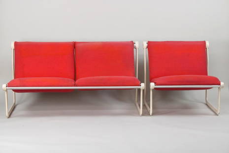 Mid-Century Modern Sling Chair & Loveseat, Andrew Morrison & Bruce Hannah for Knoll: Mid-Century Modern Sling Chair & Loveseat, Andrew Morrison & Bruce Hannah for Knoll. This matching set has red fabric upholstery on cushions and backs, the seats appear floating in the minimalist whit