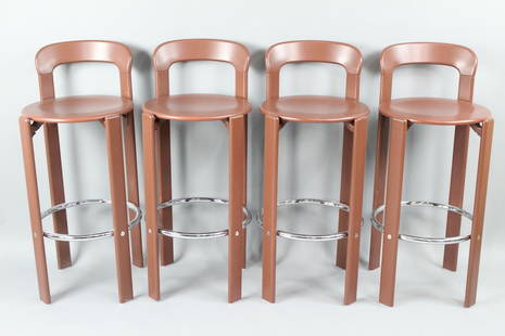 Set of 4 Brown Bruno Rey Bar Stools with Backs by Dietiker, 1 of 2: This lot comes from a business closing after only a year of being open, the items were all purchased new and are barely, if ever used. Set of 4 Brown Bruno Rey Bar Stools with Backs by Dietiker, 1 of